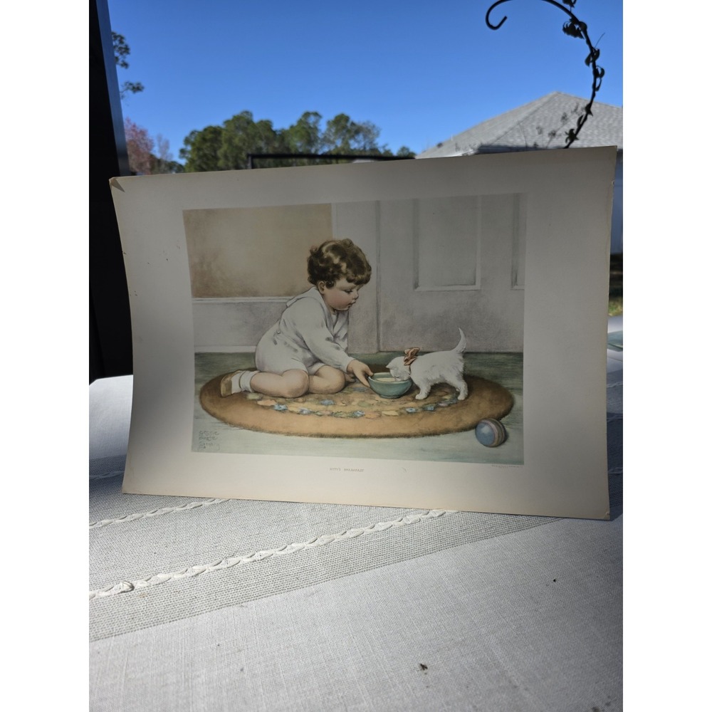 VTG Bessie Pease‎ Gutmann Kitty's Breakfast Print Child Cat Nursery Art 14.5x21"